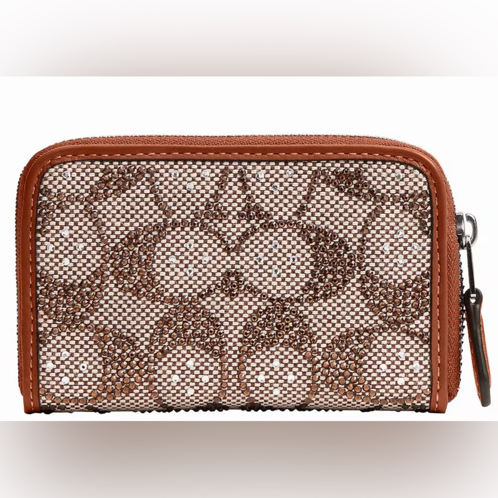 COACH Small Zip Around Crystal Signature Jacquard Contrast Trim Wallet